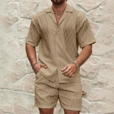 Men Wave Jacquard Cuban Collar Short Sleeve Button Shirt and Shorts 2 Piece Textured Casual Holiday Set