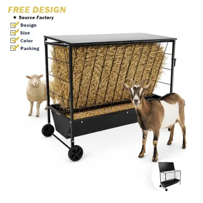 Covered Roof Wheeled Handle Large Goat Hay Feeder Modern Simple Powder Coated Natural Look Large Capacity Metal Poultry Feeder