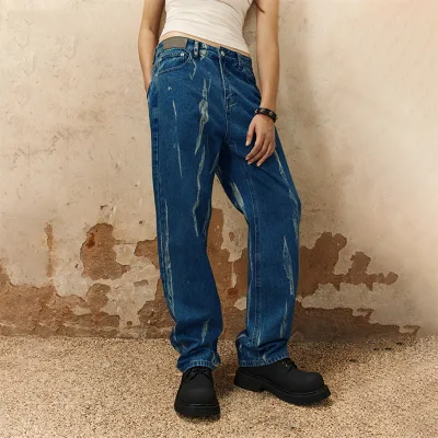 OEM High Street Oversized Loose Fit Jeans Men Ripped Jeans for Men Washed Vintage Hand Paint Straight Denim Pants Men