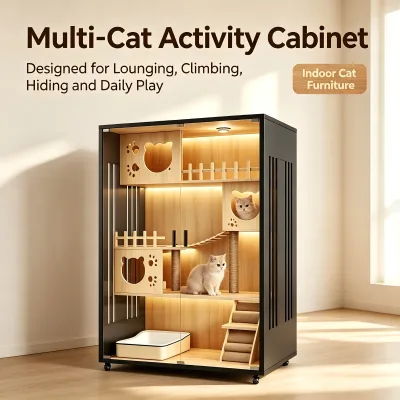 Cat House Indoor Extra Large Solid Wood Pet Furniture Cattery Cage with Lockable Wheels and Tempered Glass Multi-Level