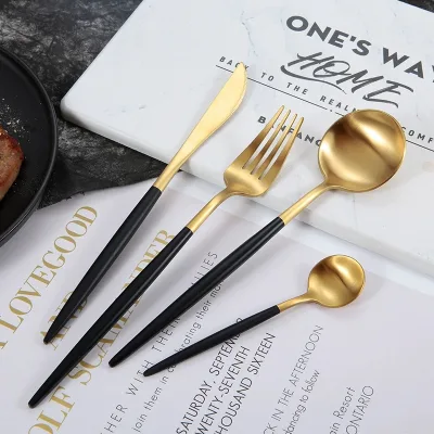 Ss Portugal Design Cutlery 4pcs Set with Chopstick 18/8 Stainless Steel Flatware PVD Coating Gold Color and Black Handle
