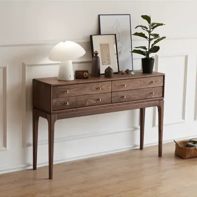 Modern Luxury Black Walnut Red Oak Solid Wood Console Table with Four Drawers for Living Room Bedroom Hallway Storage