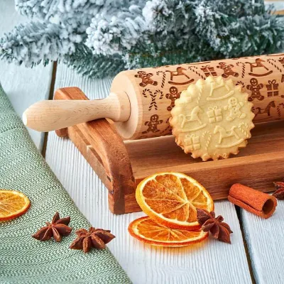 Rich Design Laser Engraving Custom Logo Christmas Embossing Wood Rolling Pin for Cookies