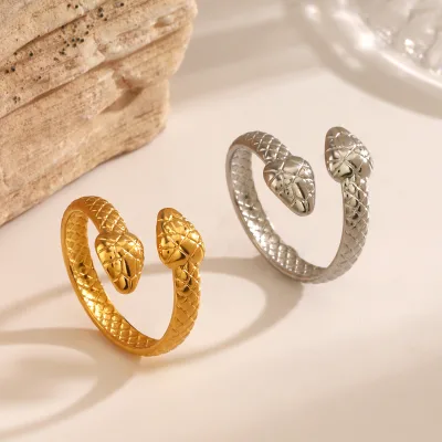 European and American Fashion-Inspired Stainless Steel Serpentine Open-End Ring for Women, French-Style Vintage Ethnic-Flair