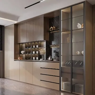 Tall Glass Display Sideboard Cabinet Champagne Base Wood Upper With Wine Grid LED Light Handleless Drawers for Dining Room