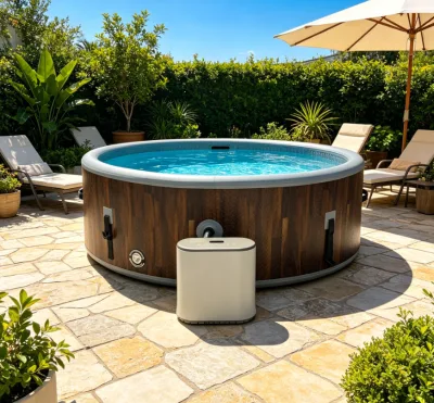 Premium DWF PVC Inflatable Hot Tub Round Wood Texture Waterproof Outdoor Garden Portable Bubble Spa Tub for Family Relaxation