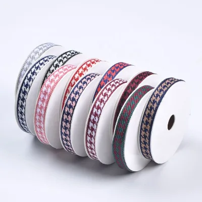 100% Polyester Double Face Plaid Fabric Ribbon 1cm/2.5cm/4cm Thick Red Houndstooth for Gift Wrapping