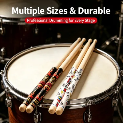 Custom Logo American Hickory Drumsticks 5A 7A 5B Heat Transfer Printing Wooden Drum Sticks with Oval Tip Grip