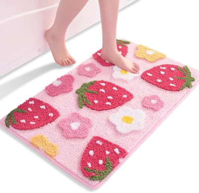 Pink Bathroom Rugs Custom Tufted Cute Strawberry Flower Bath Mat  Non Slip Floor Bath Rug Soft Microfiber Waterproof Bath Mat