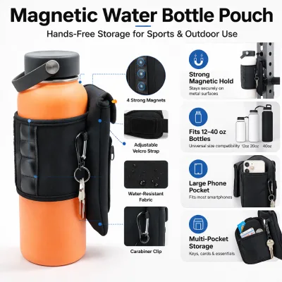 Gym Magnetic Waterproof Bottle Holder with Storage Pocket Phone Pocket Adjustable Strap for 12-40oz Bottles Durable Lightweight
