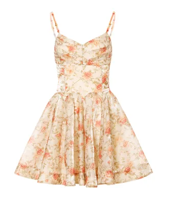 Vintage Sweet Floral Lace Breathable Midi Dress Women Summer Chiffon Sleeveless High Waist Puffy Skirt A-Line Casual Elegant