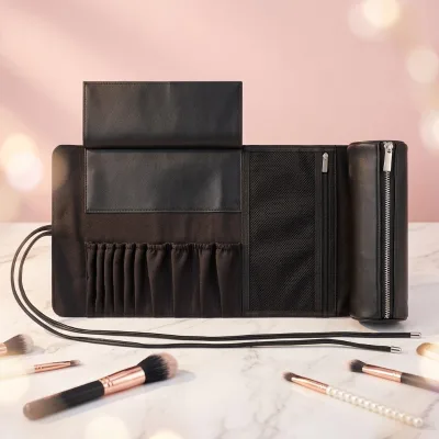 Press Logo Travel Black Portable Pouch Roll Makeup Brush Organizer Bag