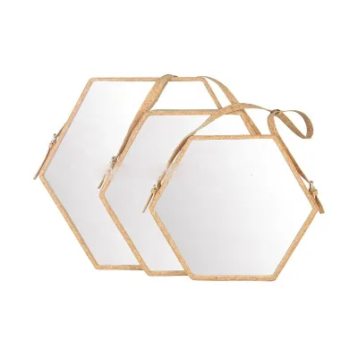 Medium Hexagon Cork Hinged Wall Mounted Mirror with Leather Strap