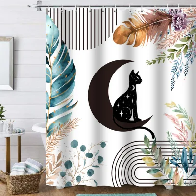 European Style Shower Curtains for Bathroom High Quality cat and Moon Plant Print Shower Curtains with Hook