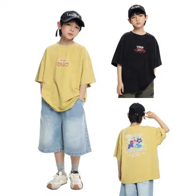 Boys Short-sleeved 2026 Summer New Arrival Pure Cotton Moisture-wicking Sweat-removing Leisure Style Fashionable Round-neck