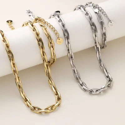 Fashion Women's Luxury Minimalist Metallic Androgynous Cool Style Necklace Bracelet Stainless Steel Set Factory Wholesale