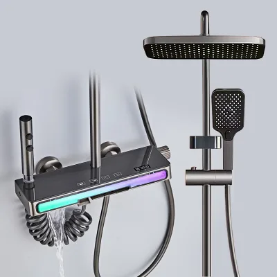 LED Digital Display Thermostatic Shower Set for Bathroom Rain Jet Soft Spray for Hotels Featuring Ceramic Lamp