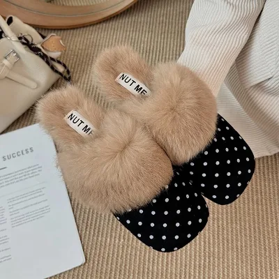 Women Polka Dot Furry Mule Slippers Winter Warm Fuzzy Plush Closed Toe Slides Ladies Home Outdoor Flat Cotton Slippers