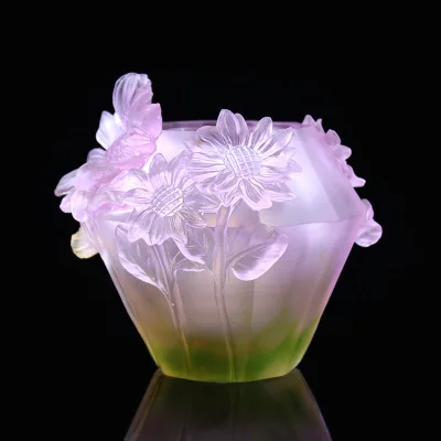 Factory Hot Sales Design Bakhoor Crystal Sunflower Coloured Glaze Arabic Incense burner With Metal Pieces