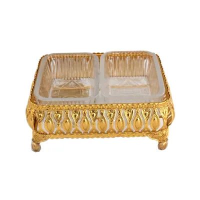 Two-rectangle Dates Tableware Glass Lattice Gold Sugar Pot Tea Time Metal Mash