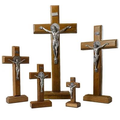 Handmade Saint Benedict Standing Cross Gold-Plated Jesus Crucifix Religious Home Decor Christian Church Gift