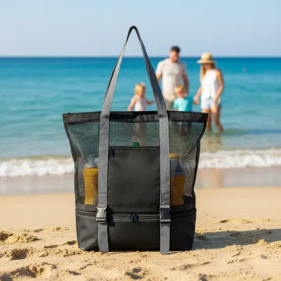 Large Capacity Polyester Beach Bag-Outdoor Multi-Purpose Shoulder Mesh Tote Bag with Zipper Cooler Bag