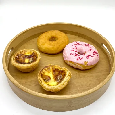 Round Serving Trays Set with Handles Wooden Bamboo Circle Tray for Coffee Table Food Ottoman