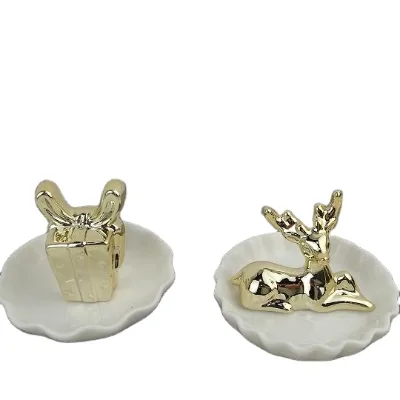Gift Box & Reindeer Shaped Ceramic Trinket Dish, Hand Painted