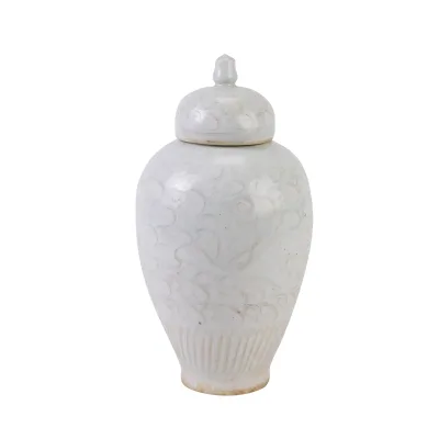 RXBF10 Antique Song Dynasty Shadow Blue Flower Carved Ceramic Decorative Pot Storage Lidded Jars