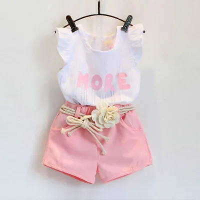 Girls' Casual Cotton Princess Pants Set with Fly Sleeve Jacquard Short Sleeves Shorts Featuring Solid Flower Belt