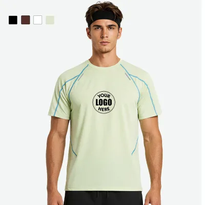 Men Quick Dry Outdoor Sport T-Shirt Contrast Color Stitching Elastic Athletic Fitness Tshirts with Silver Reflective Strip
