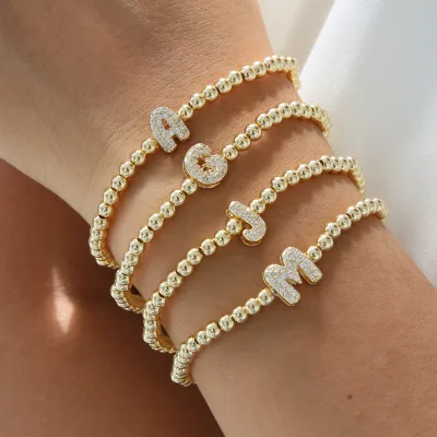 Fashion 26 Cubic Zircon Letter Charm  Brass Beads A-Z Initials Men Bracelet Personalized Name Alphabets Women Jewelry