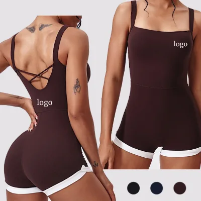 Contrast Binding Shorts Gym Bodysuit Square Collar Padded Fitness Bodysuit Sleeveless Cross Back Yoga Jumpsuit