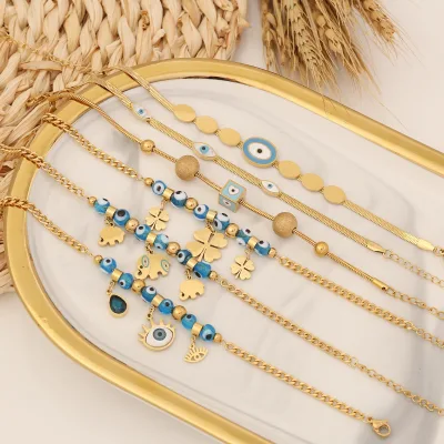SL23128 Custom Gold Bead Diamond Bracelet Fashion Stainless Steel Blue Eyes Charm New Design Four-Leaf Clover Rhinestone Jewelry