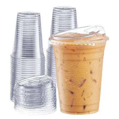 LOGO Print Plastic Cup Ice Coffee Cold Disposable PET Cup Manufacturer 16 oz Clear PET Plastic Cup with Sip-Through Lid