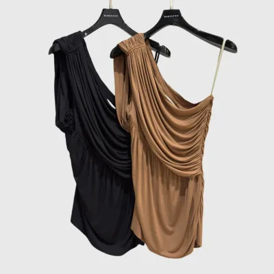 New European and American Women's Clothing Solid Color Pleated Sleeveless Asymmetrical Sexy Top