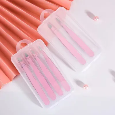 Pink Stainless Steel Positive Oblique Eyebrow Clip Tip Eyebrow Tweezers Set Beauty Tool With Plastic Box