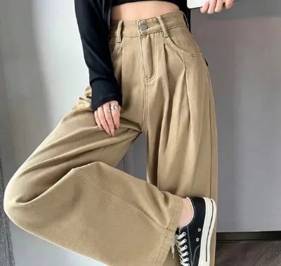 Women High Waist Pleated Wide Leg Trousers Khaki Loose Drapey Straight Leg Casual Pants Streetwear Office Bottoms