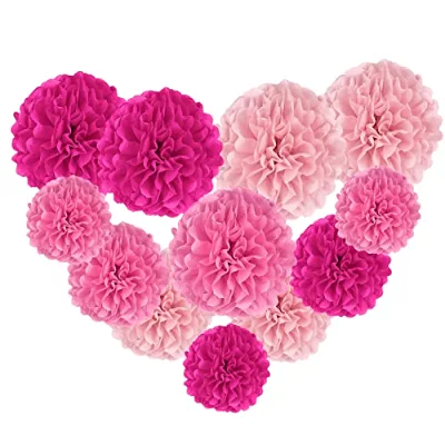Artificial 12 Pcs Disposable Tissue Pom Poms Kit Pink Tissue Paper Flowers Balls Ceiling Hanging for Birthday Baby Parties Decor