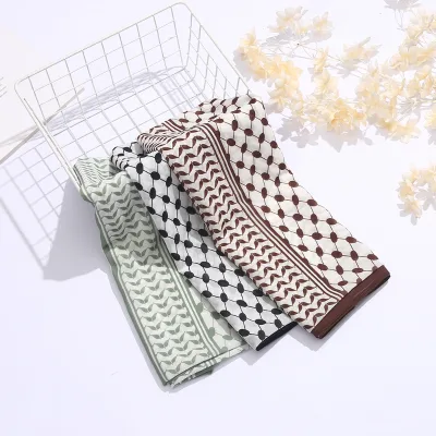 Customized Ethnic Style Green and Black Square Printed Chiffon Arab Hijab Thick 70*180cm Keffiyeh Long Scarf