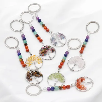 Natural Crystal Rainbow Stone Tree Life Semi-handmade Ethnic Style Keychain Bag Pendant Ornament Chakra for Cross-Border
