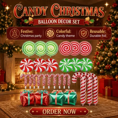 Red Green Candy-Themed Sphere Christmas Candy Cane Gift Bag Aluminum Foil Self-Sealing Balloon Set-Christmas Party Decoration