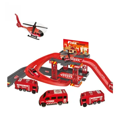 17-19pcs Assembly DIY Fire Engineering Military Dinosaur Theme Parking Lot With 4 Skid Steer Car Kids Track Toys