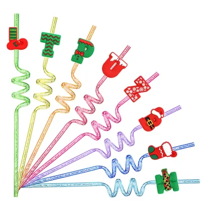HY Christmas Series DIY Cartoon Letter Shaped Spiral Straws PVC Accessories Letter Design Spiral Style Party Use Tableware