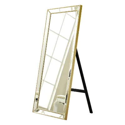 Luxury Living Room Bedroom Contemporary Gold Beads Full Length Mirror MDF Wood Battery Light Source Floor Standing Wholesale