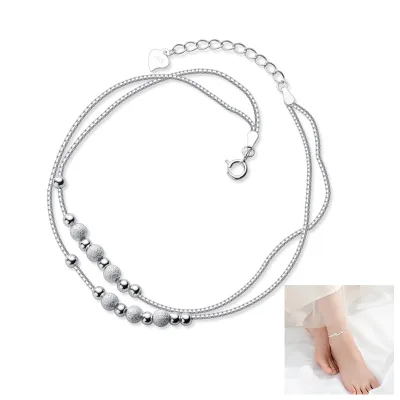 925 Sterling Silver Anklet Double Layered Box Chain for Women Girls with Beads Adjustable Anklet Bracelet Chain Style Ankle