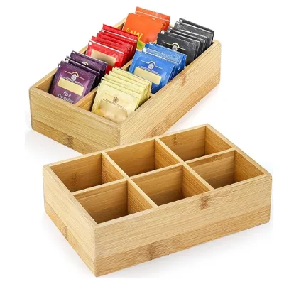 Bamboo Tea Bag Organizer, Wood Hot Tea Bag Drawer Storage Organizer Holder with 6 Compartments, Tea Chest Box