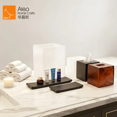 Polyresin/Polystone Six-Piece Modern Eco-Friendly Durable Waterproof Anti-Slip Bathroom Waste Bin Tissue Box Dispenser Set