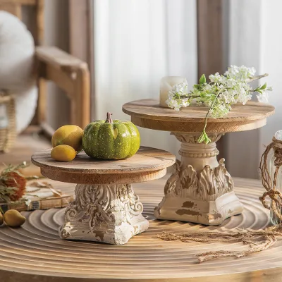 Roman Style Tray Home Decor Vintage Round Trays Coffee Tea Serving Dish Perfume Cake Stand with Carve MgO Base