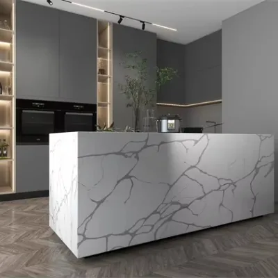 Tree Style Quartz Slab Popular Pattern Calacatta White Solid Stone Slab Kitchen Island